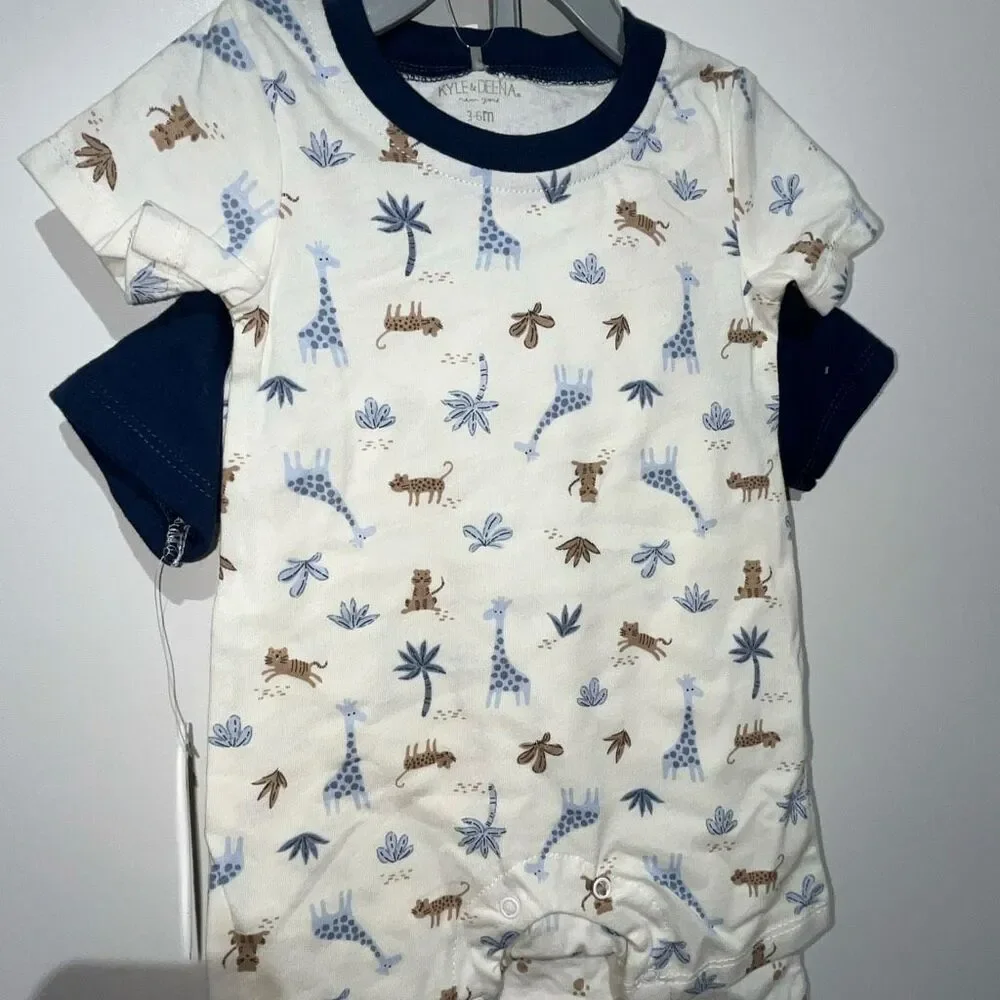 Lot of 2 Kyle & Deena Baby Blue White Cartoon Giraffe Romper Size 3-6 Months NWT